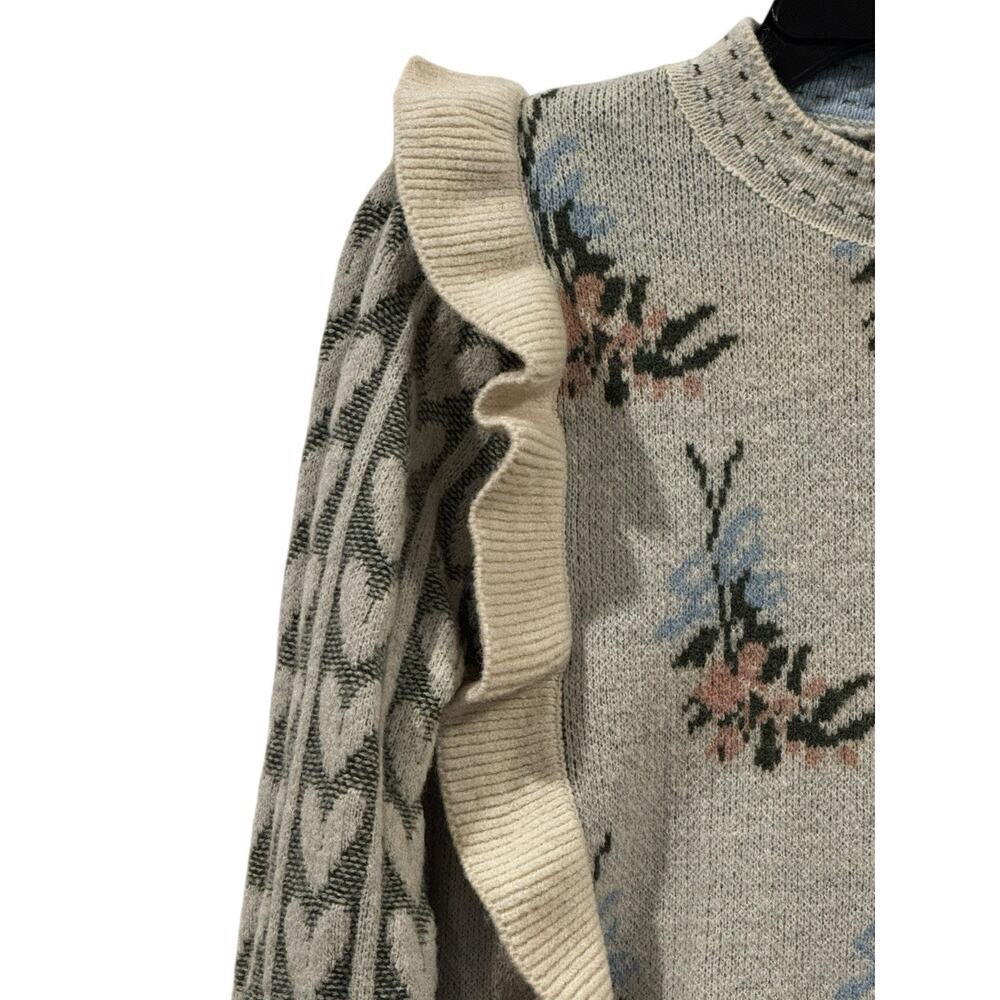 Sunday Up Floral Heart Ruffle Crewneck Knit Sweater Women’s Medium Cider - Picture 4 of 14